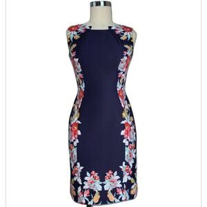 Tahari ASL Sleeveless Sheath Dress Blue Floral Border Knee Length Size 2P Career